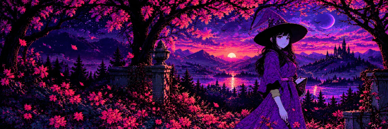 The witch's moonlit garden stretching across a purple lake and gothic castle
