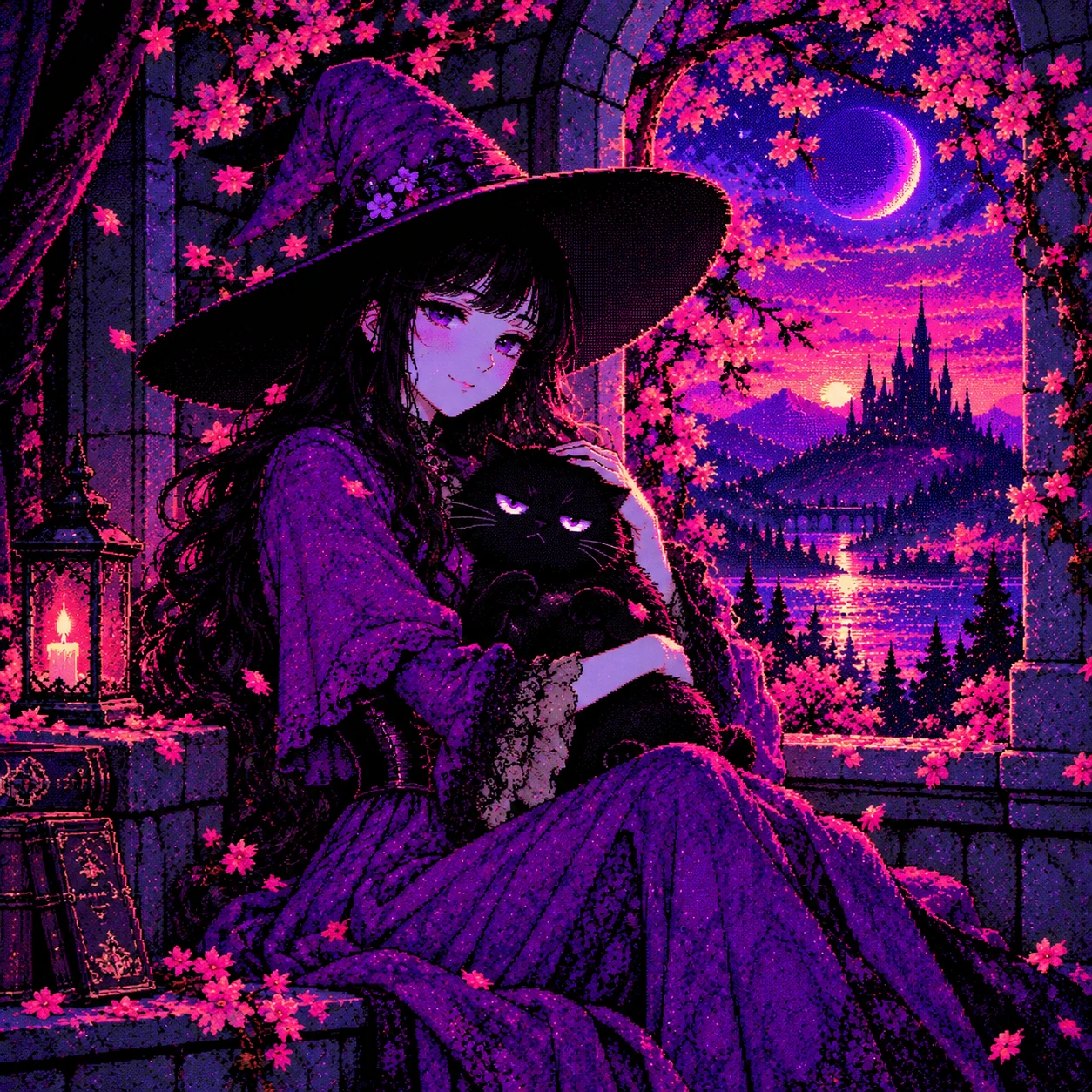 The violet witch embracing a deeply unimpressed black cat