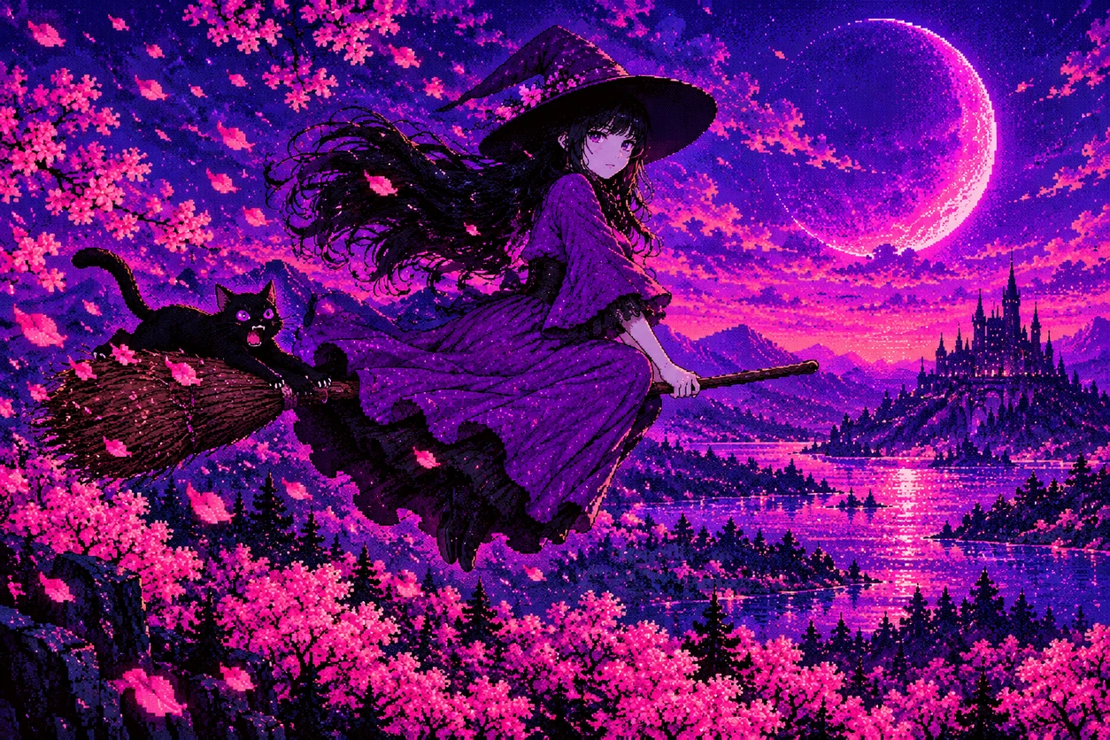 The witch flying over cherry blossoms with a cat clinging to her broom