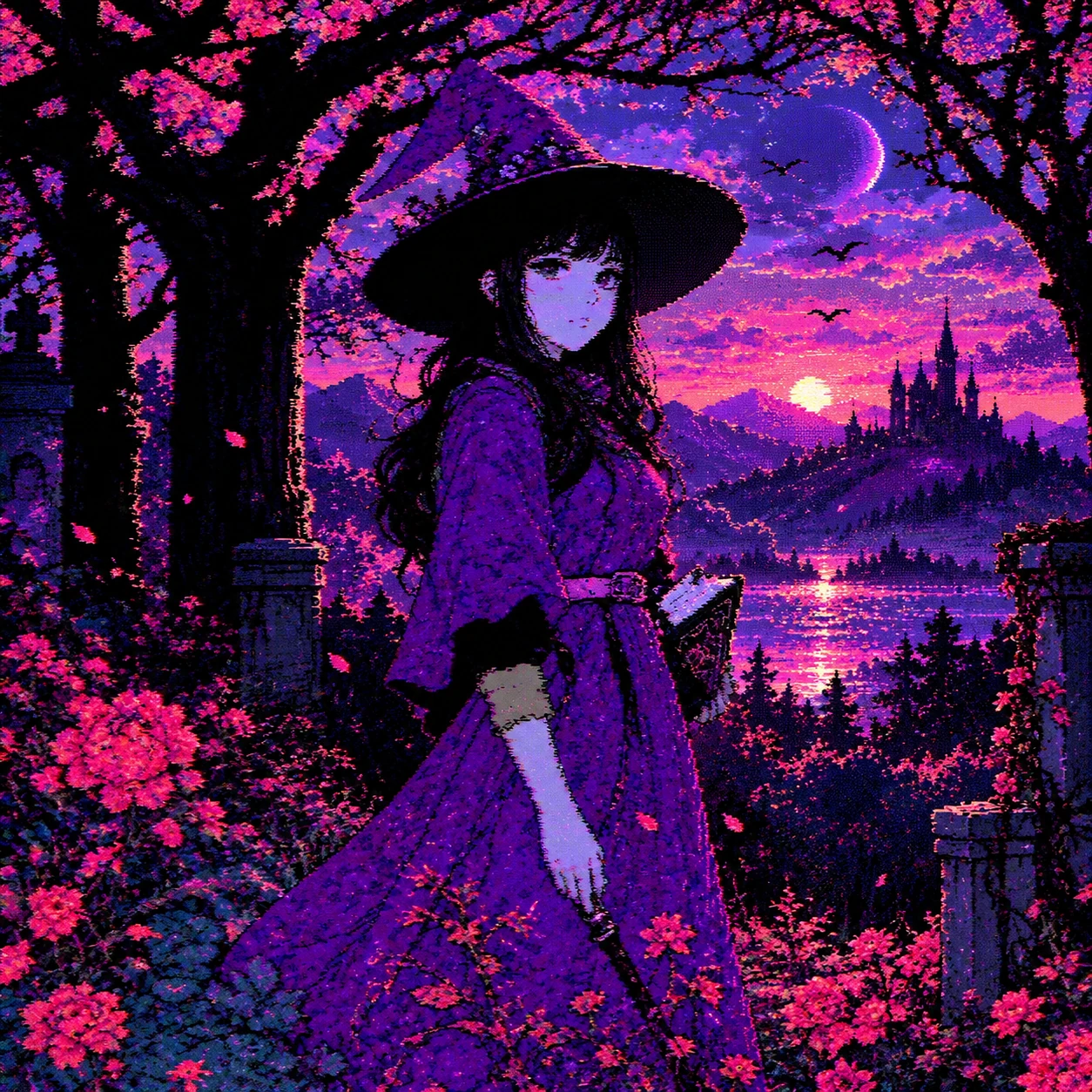 A black-haired witch in a purple dress in a luminous pink blossom garden overlooking a castle