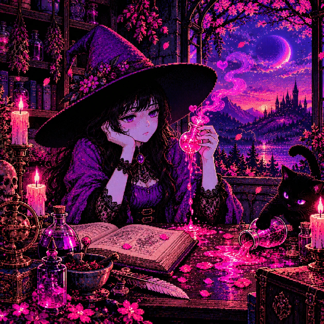 A deadpan witch and her chaotic cat brewing a glowing pink potion